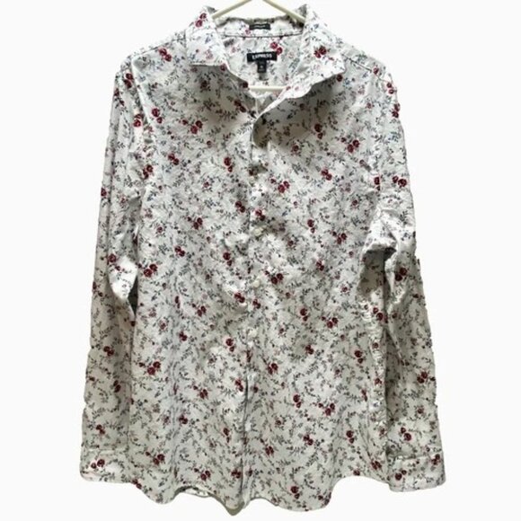 Express Button Up Shirt Men's XL White Red Rose Floral Print Extra Slim Fit EUC - Picture 1 of 12